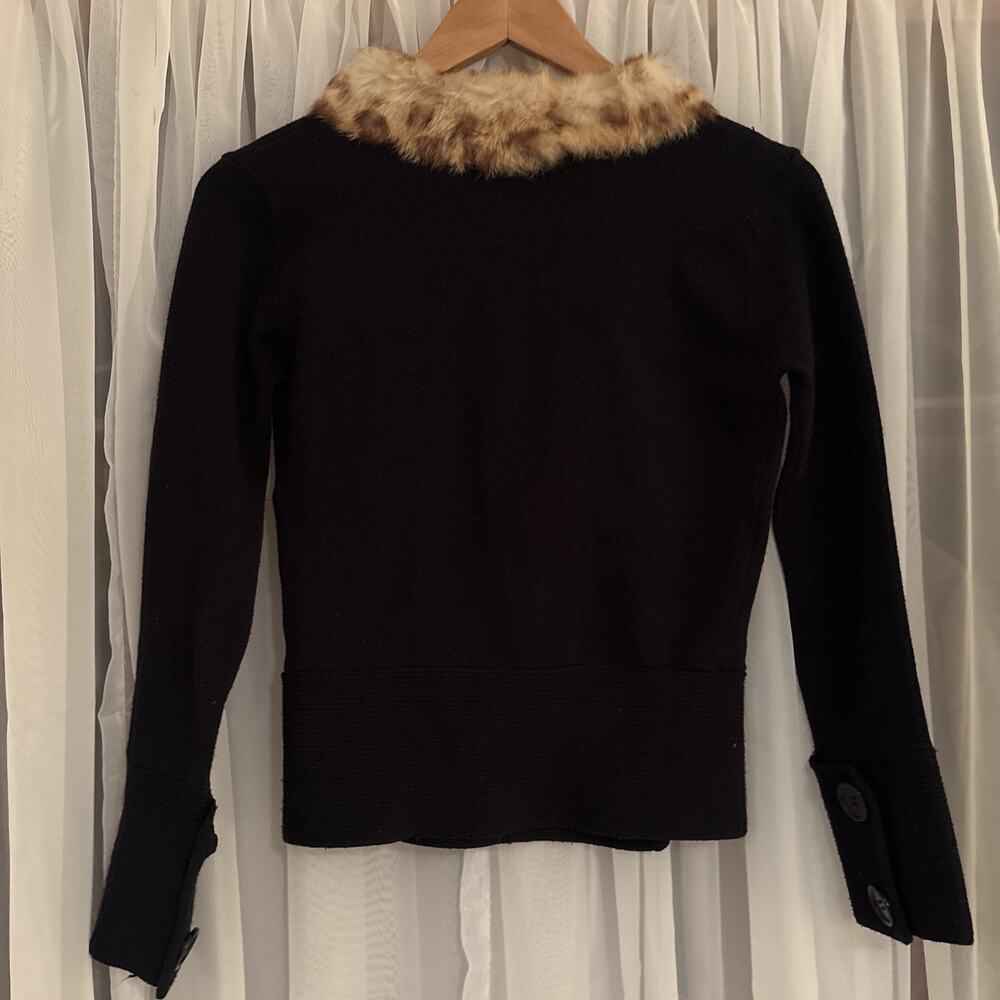 Vintage Cache Black Zip Up Button Sweater Real Fur Collar Women Sz M Silk Blend - Picture 9 of 14